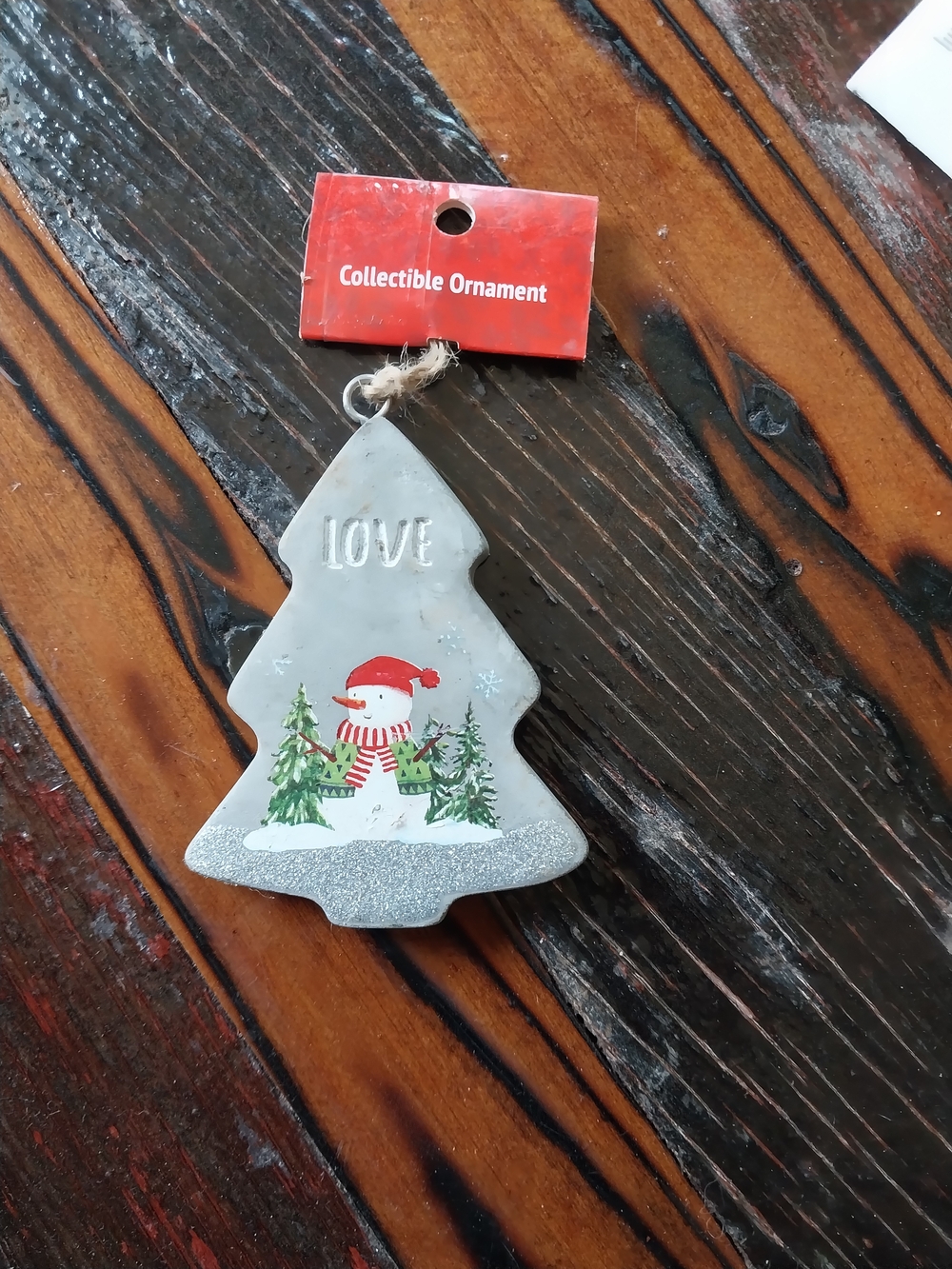 Kohl's Gray Tree 'Love' Ornament with Red Snowman Hat